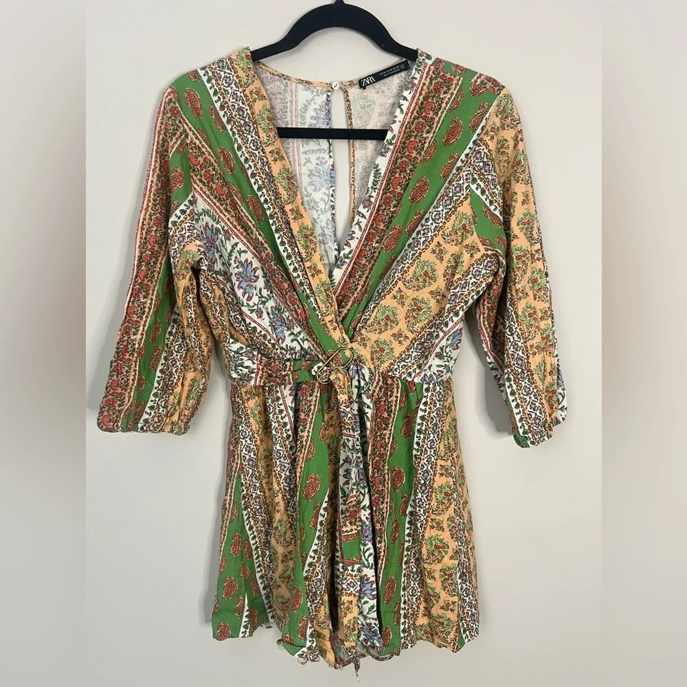 Zara Short‎ Printed V-Neck Linen Blend Back Slit Jumper Floral Vacation